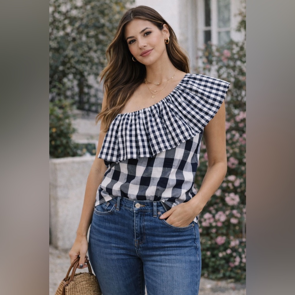 💗 NEW NWT | J. Crew Navy & White Gingham Plaid One Shoulder Ruffle Top | Size 2